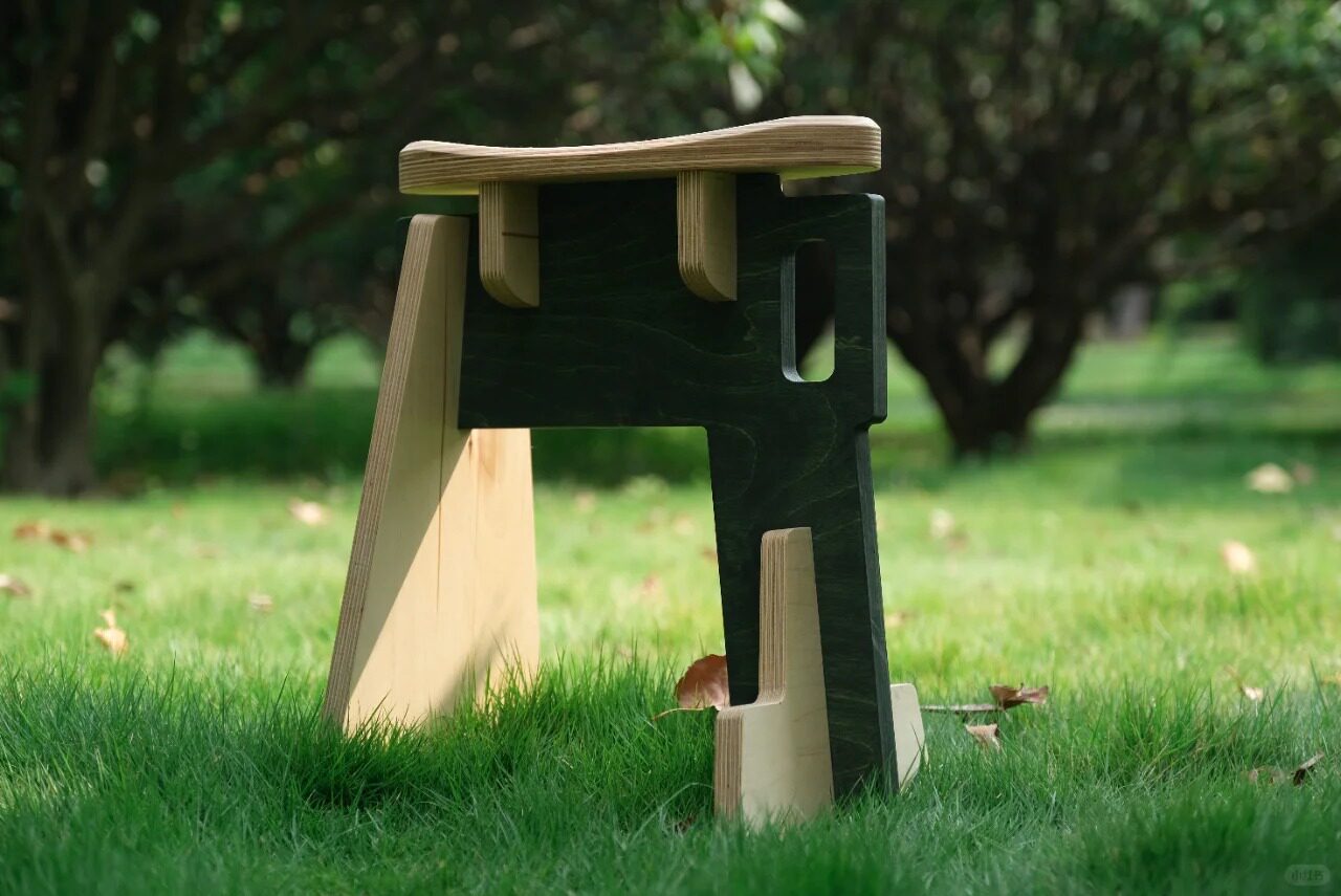 Sculptural Geometric Wood Stool | Modern Coffee  Entryway Seat
